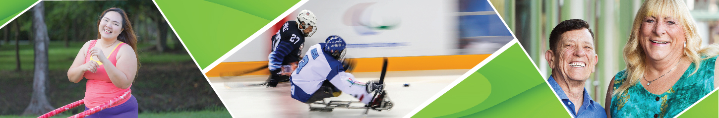 This is a banner photo collage containing three images. The first of a young woman exercising outdoors; the second of a game of sledgehockey and the third with two people standing together smiling. 