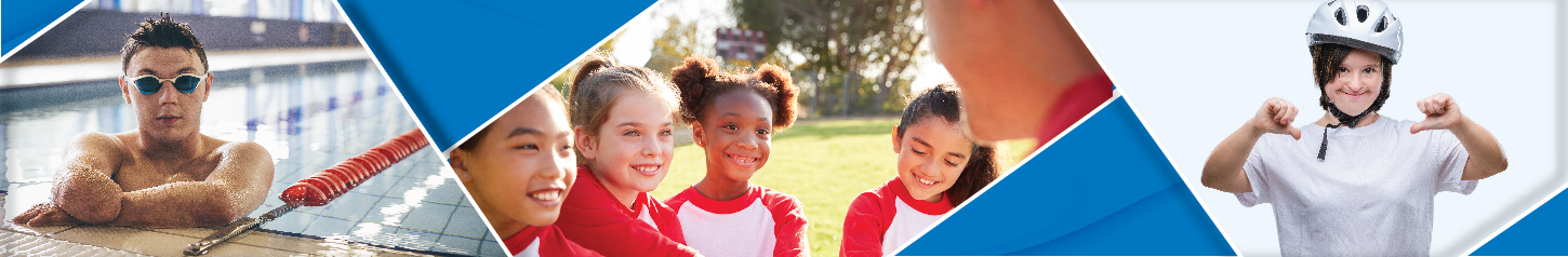 This is a banner photo collage containing three images. The first of a person swimming; the second of young kids on a sports team; the third of a girl in a bike helmet 