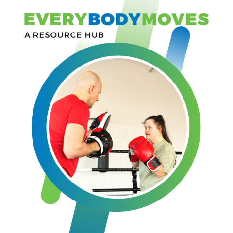 EverybodyMoves: a girl with an intellectual disability is in a boxing ring wearing boxing gloves, prepared to punch the instructor’s padded left hand.