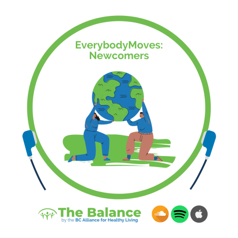 The Balance Podcast episode featuring EverybodyMoves: Race. Graphic illustration of two medium-dark skin toned people crouched on one knee, lifting the earth with their arms. 