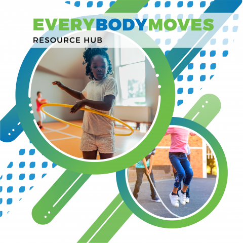 The upper left of the graphic shows a girl hula-hooping. On the bottom right shows a group of youth jump-roping