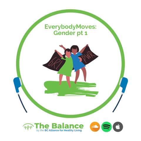 The Balance Podcast episode featuring EverybodyMoves: Gender part one. Graphic illustration of two girls wrapping their arms around one another. Their outer arms hold a flag that says: Girl Power. 