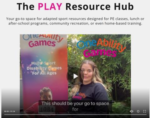 Woman with blonde hair in frame with play button with text that says The Play Resource Hub above