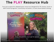 Woman with blonde hair in frame with play button with text that says The Play Resource Hub above